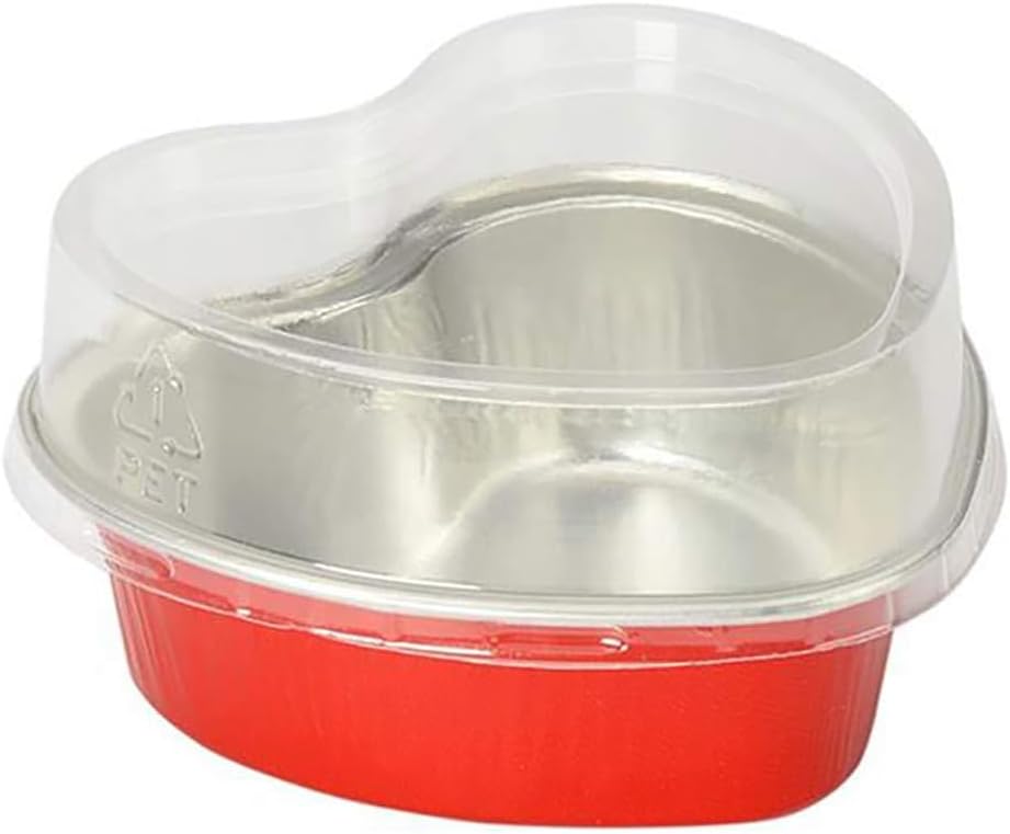 KitchenDance Disposable Colored Aluminum Mini Heart Shaped Cake Pans w/Lid - Heart Shaped Foil Pans for Valentine's Day, Mother's Day - Ideal Use For Crème Brulee, Flan, Custard - Pack of 100-3055P