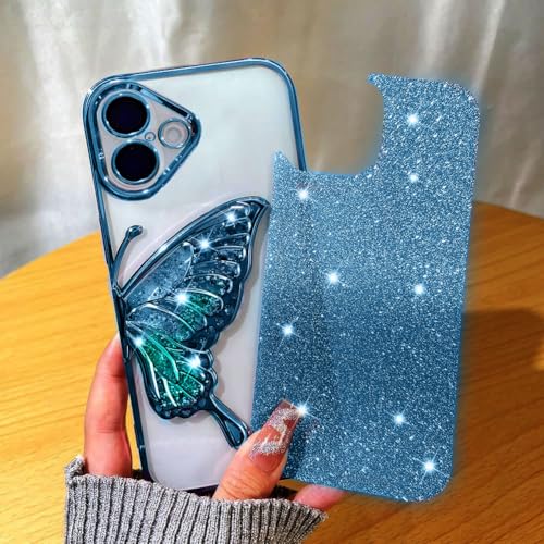 Image of mobistyle Designed for iPhone 16 Plus Cover with Glitter Cute Butterfly Electroplate Plating Design Back Cover Case for Women Teen Girls [ Silicone | Blue]