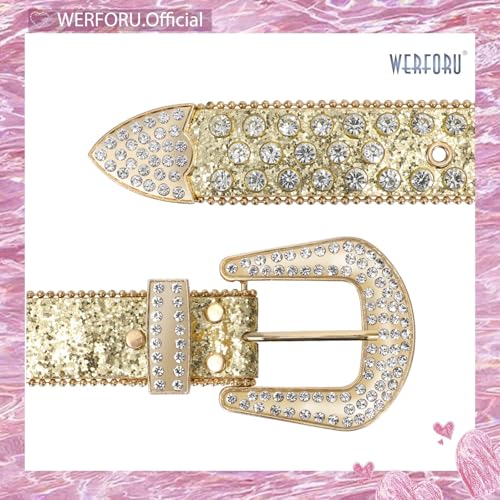 Image of WERFORU Women Men Western Rhinestone Studded Leather Belt Unisex Bling Cowgirl Cowboy Waist Belt for Jeans Pants Dress