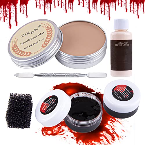 DDcafor SFX Make up Kit for Halloween Cosplay Special Effect Realistic Skin Scars Wounds with Vampire Fake Blood | Nose & Scar Wax | Liquid Latex | Spatula | Stipple Sponge, Safe & Washable
