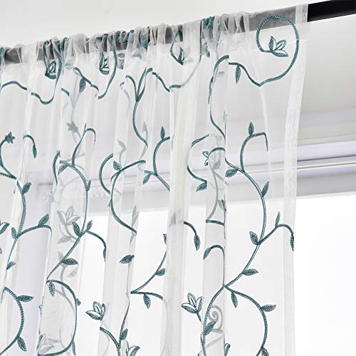 Vctops Boho Floral Embroidered Window Curtains Tie Up Shade Semi Sheer Rod Pocket Roman Drapes For Small Kitchen Living Room Bedroom Window,1 Panel (31" X 47",Blue) #TOP4