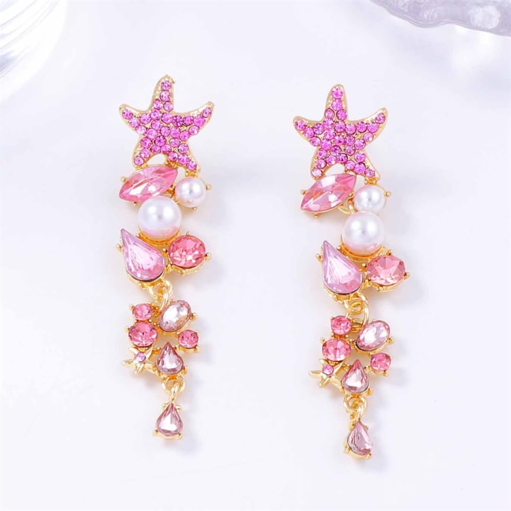 Rhinestone Starfish Ocean Sea Statement Dangle Earrings for Women Gold Plated Fashion Long Teardrop Shell Pearl Colorful CZ Charms Drop Dangling Stud Lightweight Beachy Jewelry - Image 4