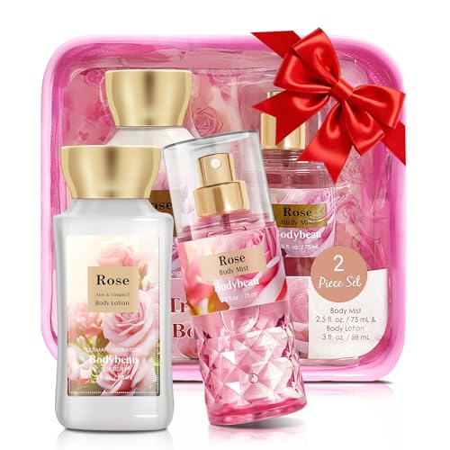 Bath and Body Gift Set for Women & Girls, Rose 2PCS Set for - Body Lotion, Body Mist, Personal Portable Body Care Travel Set for Birthday Mother's Day Gifts for Her and Him