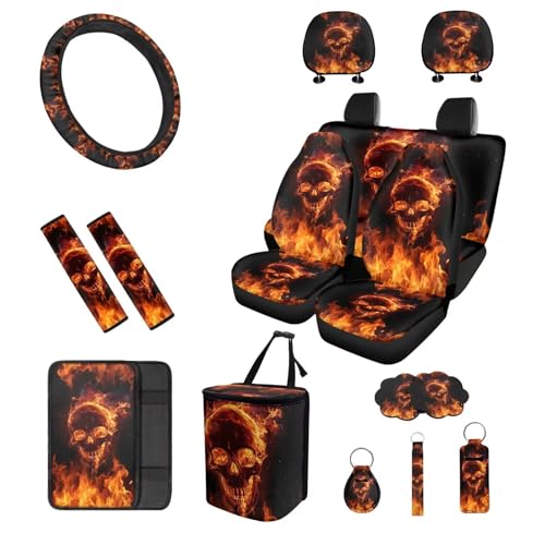 Qiyupavto Flaming Skull Print Car Seat Cover Full Set with