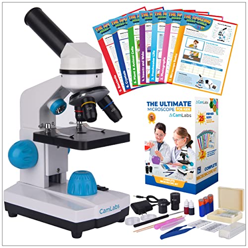 Camlabs Microscope For Kids - 3 Magnification Levels - 40X, 100X, 400X - Includes 25 Specimen Slides, Science Experiments & Accessories - Portable Student Microscope #TOP2