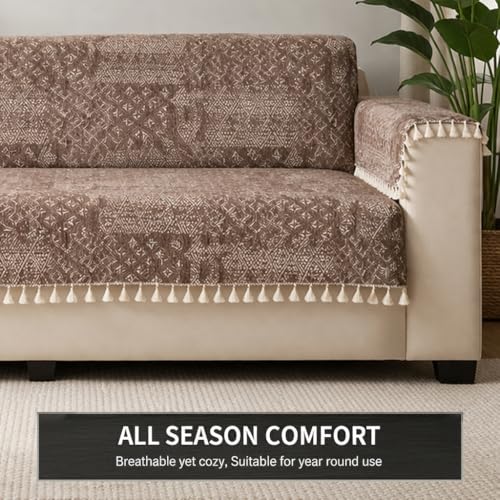 Image of STITCHNEST Artisoul Series Chenille Sofa Cover 1 Seater Fully Covered with 2 Hand Rest Covers | Premium Heavy Fabric, Washable & Fade Resistant | Beige Sofa Protector with Tassels | Size 24x60 Inch
