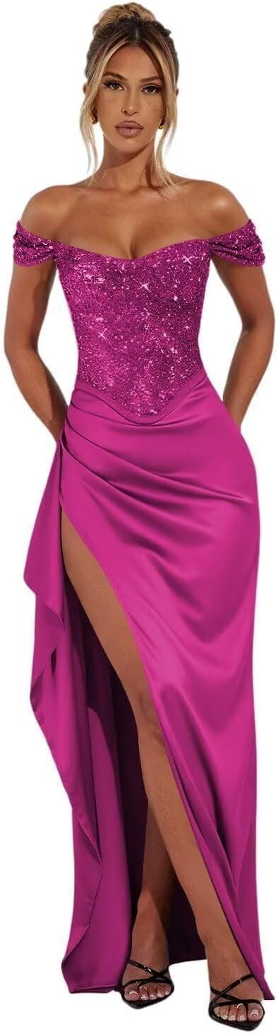 Off Shoulder Satin Prom Dresses with Slit Long Mermaid Sequin Black Evening Gown Ruched Cocktail Dress