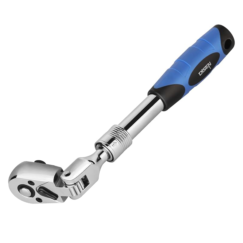 Chave catraca extensível DISEN com cabeça flexível de 180°, acionamento de 9,5 mm, 72 dentes e liberação rápida