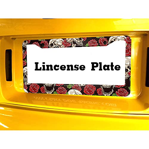 Beabes Rose Flower Skull License Plate Frame Halloween Sugar Skull Car Frames, License Plates Holder， Red License Plate Cover Aluminum Metal Frames For Women Men Auto Decoration #TOP5