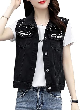 Womens Denim Vest Embroidered Beading 