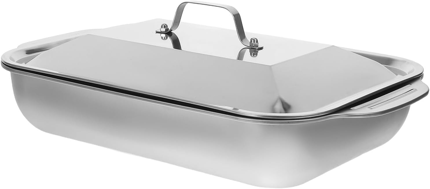 Stainless Steel Roasting Pan and Deep Baking Tray 41x24x8cm Non-stick Rectangular Oven Tray for Family Meals Indoor Cooking with Lid Set