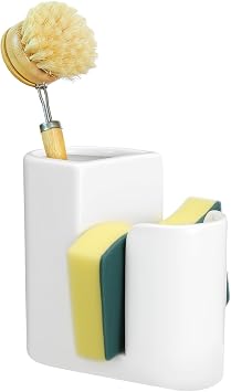 Geelin 2 in 1 Ceramic Kitchen Sink Caddy Dish Sponge Holder and Scrub Brush Holder for Kitchen Organizer Rustic Farmhouse SuppliesWhite,Simple
