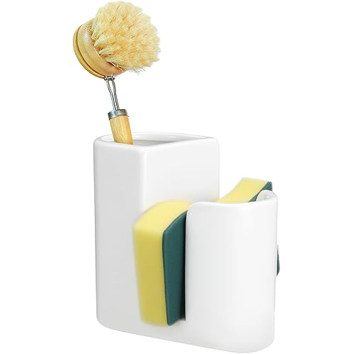 Geelin 2 in 1 Ceramic Kitchen Sink Caddy Dish Sponge Holder and Scrub Brush Holder for Kitchen Organizer Rustic Farmhouse Supplies