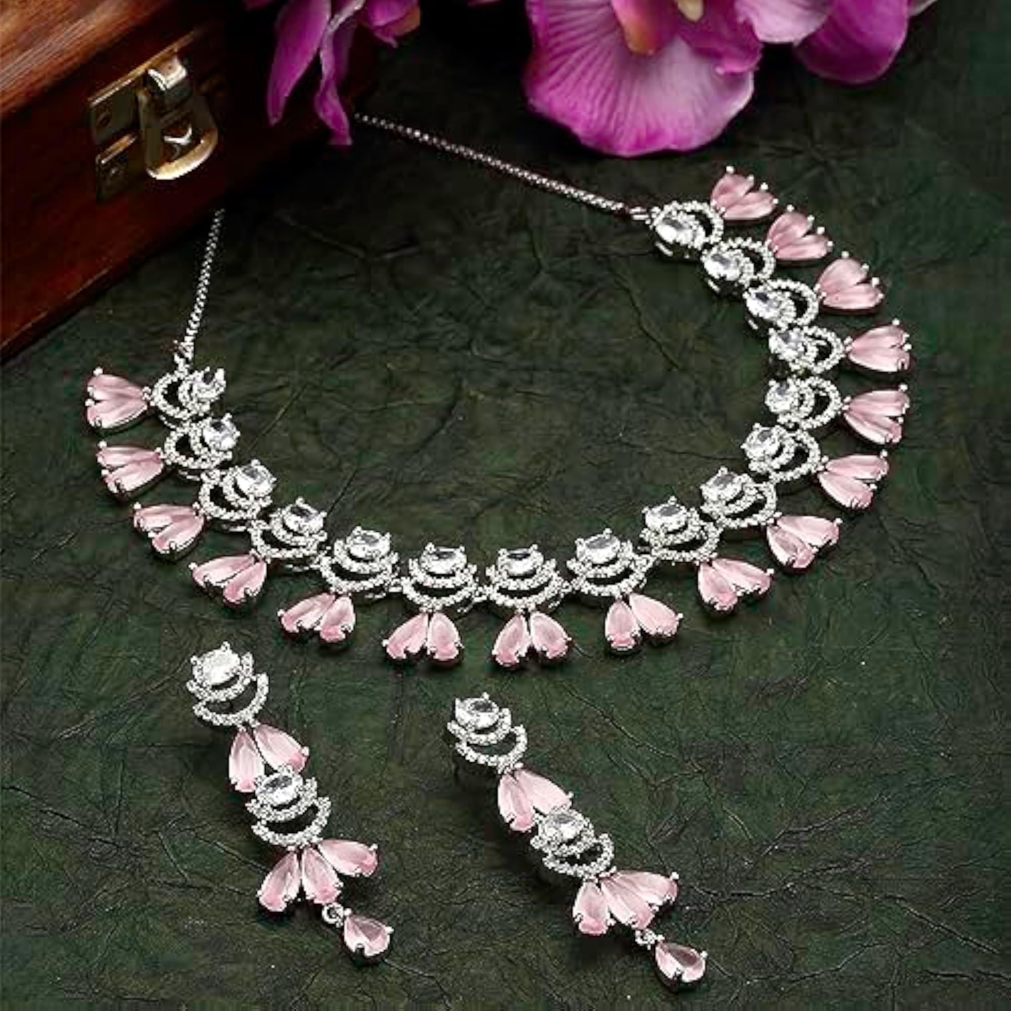 Rhodium-Plated Teardrop & Crescent Necklace Set