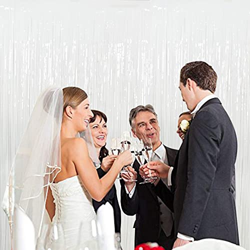 image for TONIFUL 3Pcs White Metallic Tinsel Foil Fringe Curtains, 3.28ft x 6.56