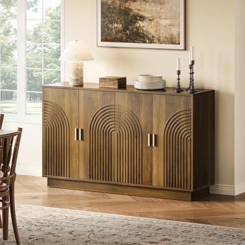 Fluted Sideboard Buffet Cabinet with Storage - 57" Credenza Coffee Bar Cabinet with 4 Doors, Accent Kitchen Storage Cabinets with Adjustable Shelves for Living Room & Kitchen, Entryway, Walnut - Image 5