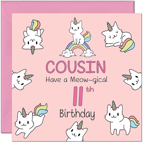 11th Cousin Birthday Card - Funny Cat Cute Cousin's Birthday Card for 11 Year old Kids eleven, eleventh