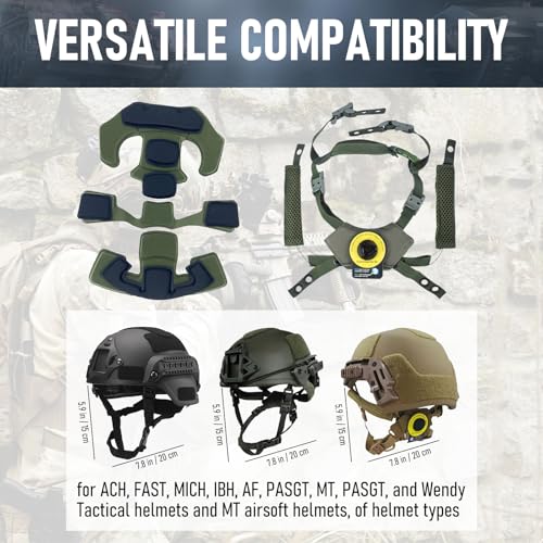 Premium Tactical Helmet Padding Kit - with Adjustable Suspension System Chin Strap and Memory for Pads - Compatible with Team Wendy, ACH, and Fast Helmets, Ideal for Army Use Accessories (Army Green)