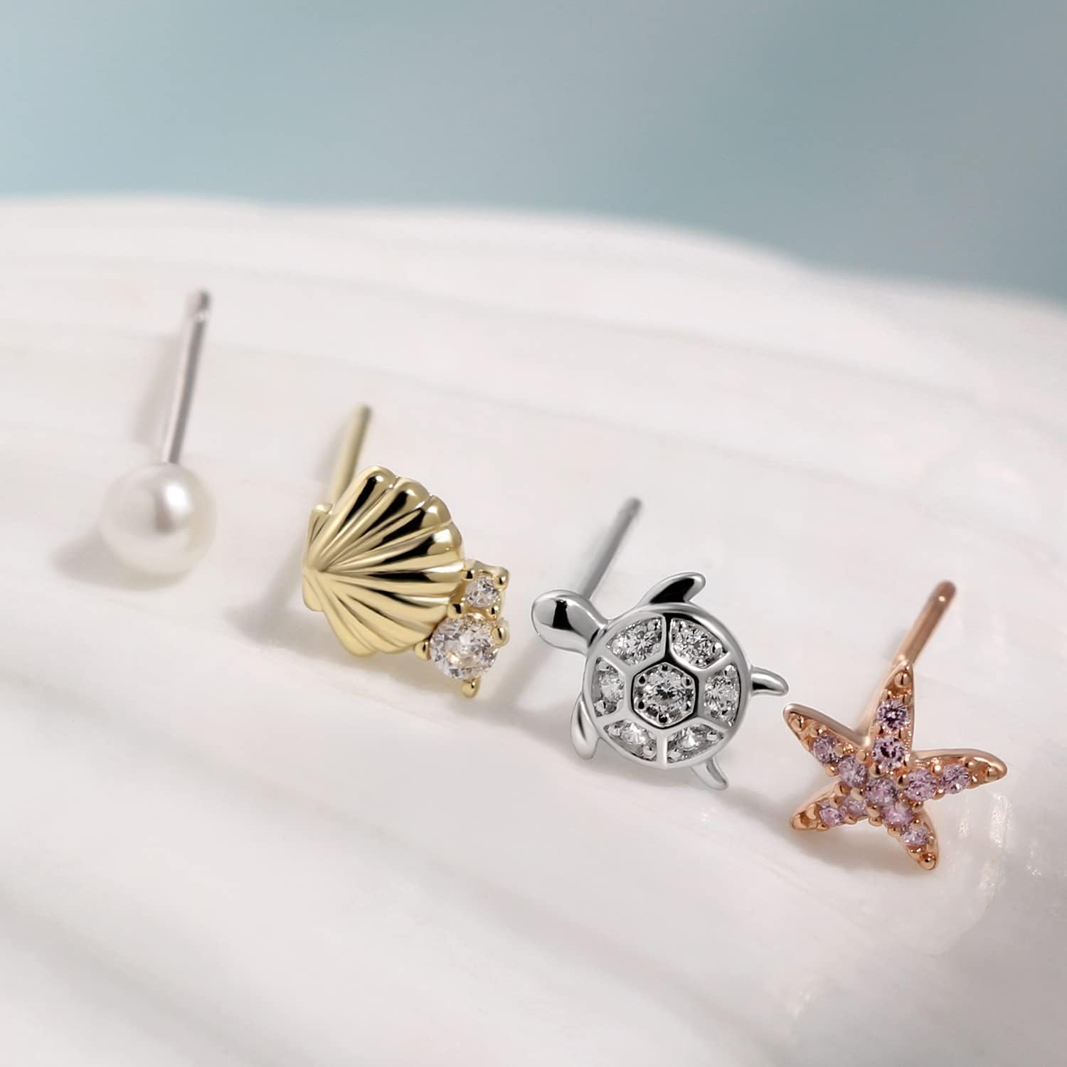 Turtle Seashell Sea Star Earring Set 925 Sterling Silver Hypoallergenic Sea Turtle Stud Earrings with Cubic Zirconia