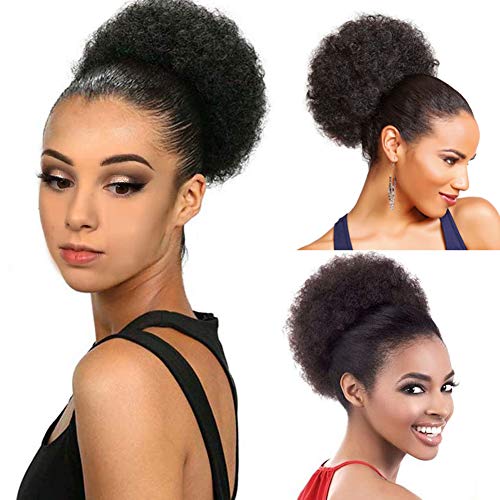 Afro Puff Drawstring Ponytail for Natural Hair, Drawstring Ponytails Extensions Natural Black Color (#1B) Kinky Curly Afro Ponytail with Two Clips, Short Afro Buns for Black Women (Natural Black #1B)