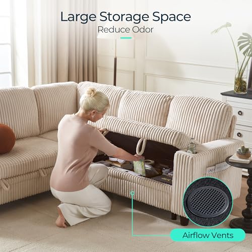 Image of LINSY HOME Sectional Sleeper Sofa with Pull Out Couch Bed - Convertible Plush Corduroy Cloud Couch with Storage Chaise & USB Charging, Comfy Modular Couches for Living Room, Beige