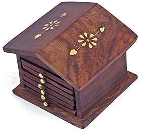 Hiranaakshiの木製小屋型コースターセット 花刻印入り 紅茶/コーヒー/ドリンク用 ホルダースタンド付き ハンドメイドカップ