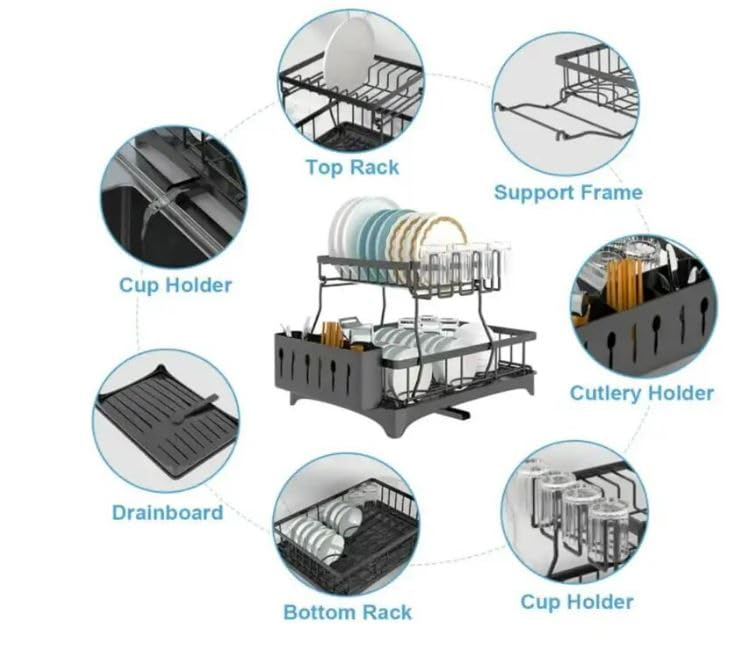 Image of Carbon Steel 2 Tier Dish Racks Dish Drying Rack With 360Drainage Dish Drainboard Set With Cutlery Holder & Cup Holder Dish Drainers Over Sink Drying Rack On Counter (Multi)