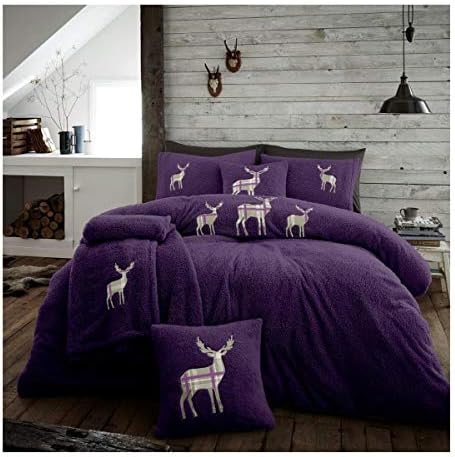 FAIRWAYUK Double Duvet Covers Set, Teddy Embroidery Stag Bedding with Pillow Case, Fleece Quilt, Super Soft, Warm Cosy, Purple