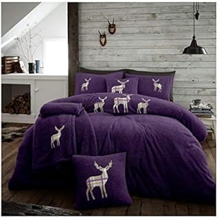 FAIRWAYUK Double Duvet Covers Set, Teddy Embroidery Stag Bedding with Pillow Case, Fleece Quilt, Super Soft, Warm Cosy, Purple