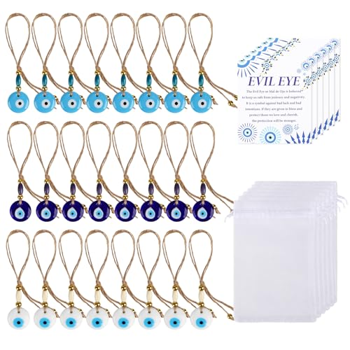 2 MULE TEAM 24 Set Turkish Blue Evil Eye Keychain Evil Eye Charms with Gift Cards Organza Bags Good Luck Charms Evil Eye Decor and Protection Gifts Greek Amulet Lucky Gifts Wedding Party Favors Decor