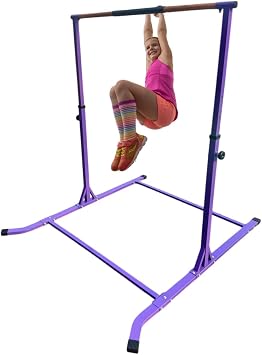 Gymnastics Bar Athletic High Bar for Kids, Advanced Gymnastic Training Bar with Adjustable Height Up to 5 FT with Extended Base, Horizontal Kip Bar with Padded Grip Purple