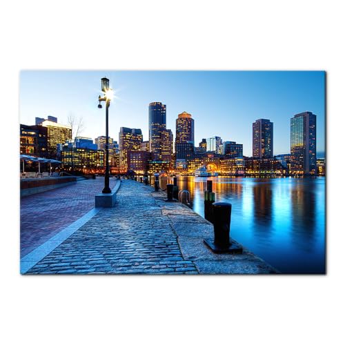Pacimo Canvas Wall Art - Boston Harbor Night Scene - Modern Artwork Massachusetts Cityscape Skyscrapers Painting for Home Decor Gallery Wrapped Wall Decor Stretched and Framed Ready to Hang 24"x36"