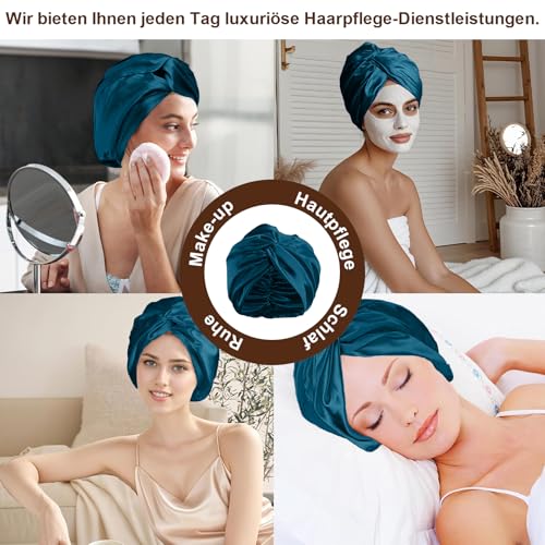 NEUJUS Seidenhaube zum Schlafen für gesunde Haare & lange Haare | Schlafhaube Seide verhindert Frizz, Haarbruch & Spliss | Silk Bonnet für Damen mit Locken & Haarhaube für die Nacht (Petrol)