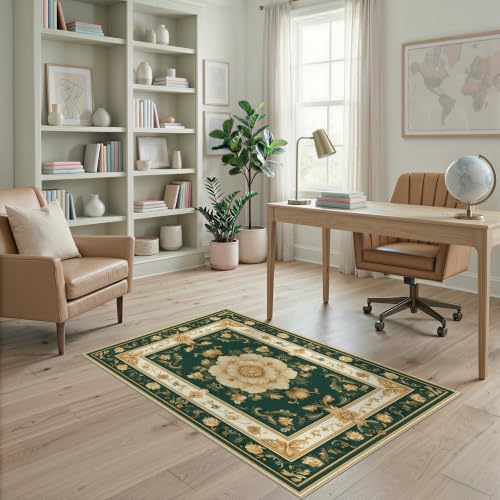 ODIKA 4'x6' Deep Green Gold Floral Elegance Washable Area Rug