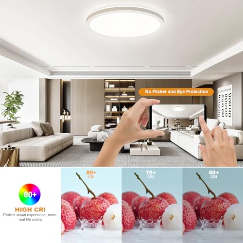 LEZOE - Lámpara de techo LED RGB 18W regulable con mando a distancia, 1800 lm, regulable RGB, 3000K-6500K, IP54, panel plano para salón, dormitorio, habitación infantil, cocina, sala - imagen 7