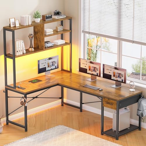 SEDETA L Shaped Gaming Desk, 51.2" Reversible Small Corner Desk with Drawer, Power Outlet & LED Lights, Computer Desk with Storage Shelves for Small Space, Black