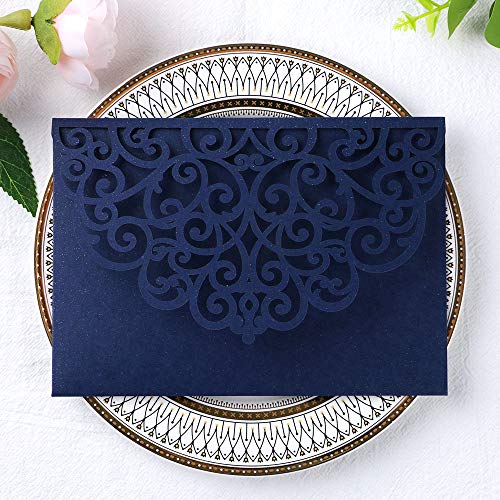 PONATIA 5.12 x 7.2 Laser Cut Invitation Pocket, 20PCS Tri-Fold 5 x 7 Laser Cut Wedding Invitation Pockets with Envelopes for Wedding Bbay Shower Birthday Sweet 16 Invite (Navy Blue, No Inner Sheet) - Thumbnail 2
