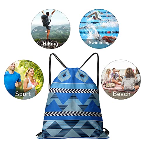 Cafl Ethnic Blue Geometric Drawstring Backpack Waterproof Lightweight Sackpack For Hiking Yoga Gym Swimming Travel Beach 14*16In #TOP2