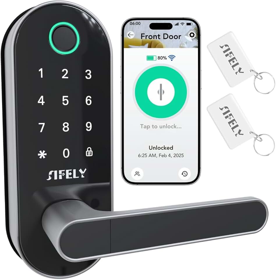 Built-in WiFi Fingerprint Smart Door Lock with Handle &amp; Keypad – Remote Access &amp; Auto-Lock, Keyless Entry for Home, Airbnb &amp; Rental, 6-in-1 Unlock: Code/Card/App/Key, Compatible with Alexa &amp; Google