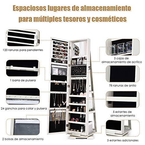 Miniatura 6 de Costway Armario De Joyero Con Espejo Y Estante De Escalera Gabinete De Joyería Giratorio Con Cerradura Para Anillos Ganchos De Cadena Pendientes Organizador Blanco