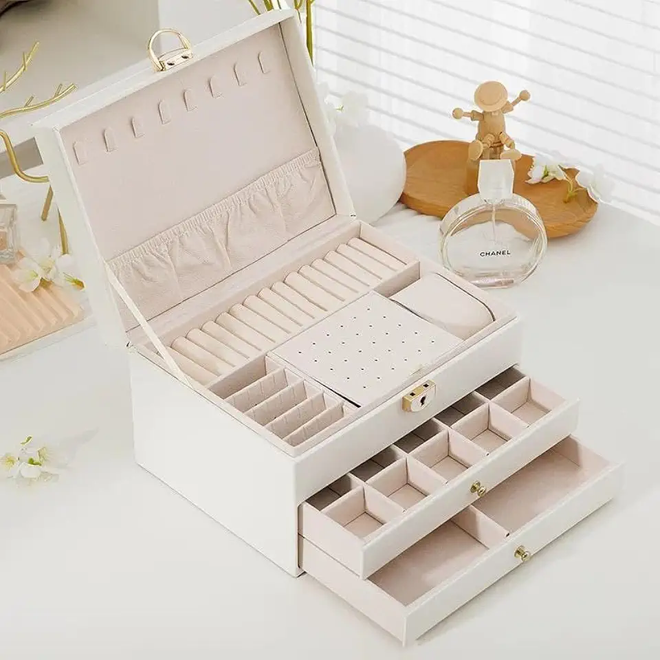 Porta Joias Luxury 3 Camadas com Gavetas, Organizador Grande de Joias e Bijuterias, Caixa Porta-Jóias com Interior em Veludo, Organizador de Bijuterias (Branco)