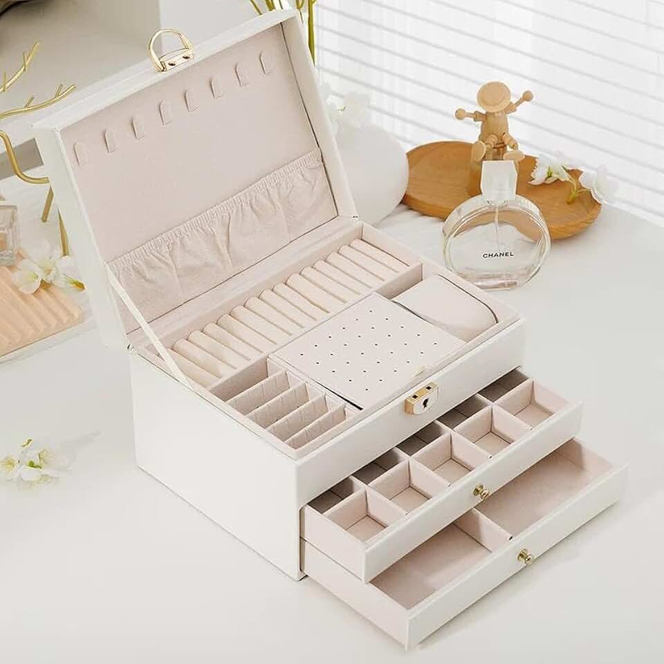Amarme - Porta Joias Luxury 3 Camadas com Gavetas, Organizador Grande de Joias e Bijuterias, Caixa Porta-Jóias com Interior em Veludo, Organizador de Bijuterias (Branco)