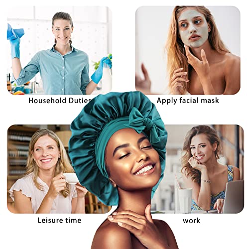 2Pcs Satin Silk Hair Bonnet For Women,Sleeping Large Silky Hair Bonnets Wide Tie Band,Adjust Hair Strap Sleep Cap For Girl Black Hair Curly #TOP4