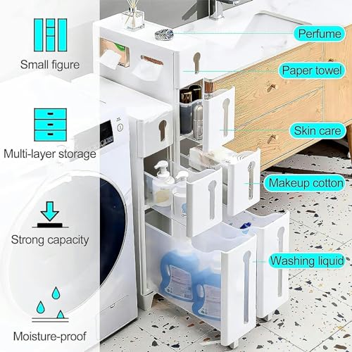 Cassettiera sottile con 4 cassetti e 2 rotelle, armadio da bagno stretto per piccoli spazi