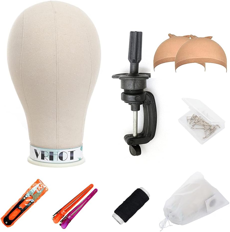 VRHOT Wig Head Mannequin Head Canvas Block Head with Mount Hole C Stand, Styling Hair Clips, T Needle, Thread, Wig Cap, U-Shaped Scissors(21 Inch)