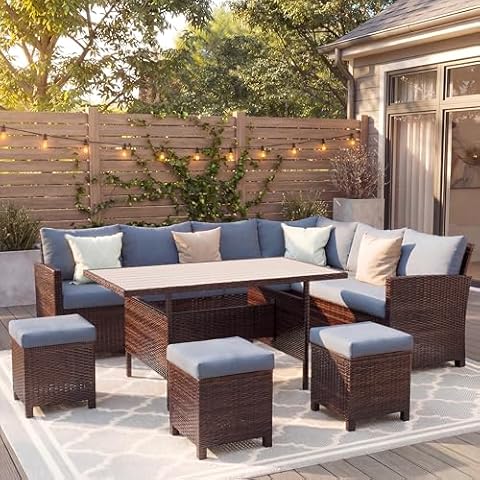 Wisteria Lane Outdoor Patio Furniture Set, 7 Piece Outdoor Dining Sectional Sofa with Dining Table and Chair, All Weather Wicker Conversation Set with Ottoman,Blue Cover
