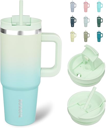 Miniatura 21 de BJPKPK Vaso de Acero Inoxidable de 30 oz con Asa, Vasos Térmicos Aislantes con 2 Pajitas, Taza de Café de Viaje con Tapa, Chicle Bubble gum,Verde