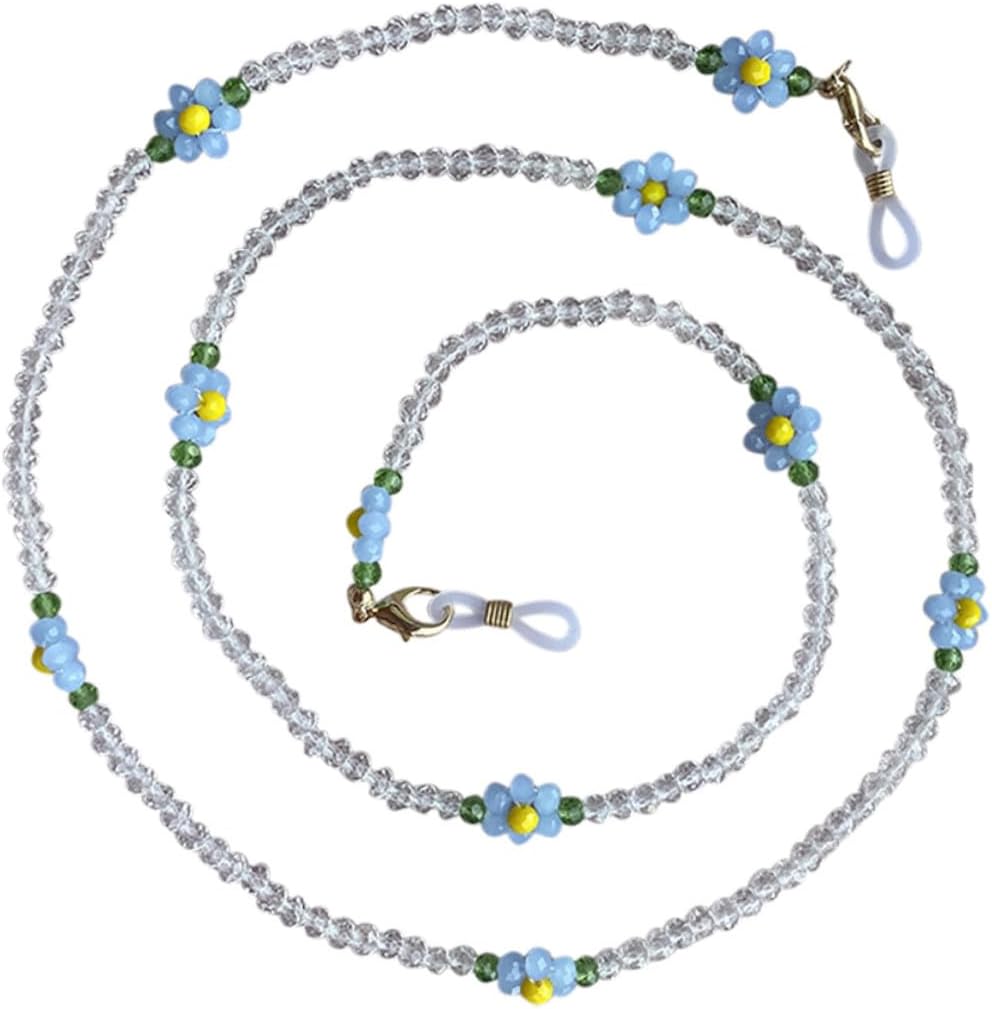 KALLORY Multi-purpose Mask and Eyeglasses Hanging Chain Necklace Blue Crystal Beads and Flower Pendant, Stylish Anti-drop Eyewear Lanyard for Women
