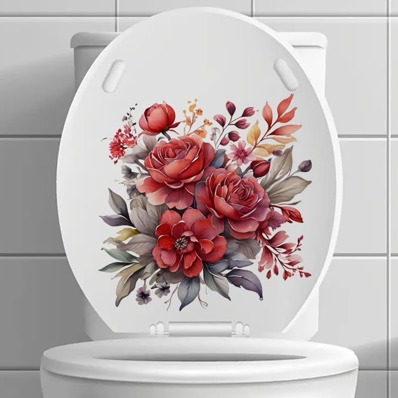 Peony Flower Toilet Cover Sticker Decals,Fish Bird Flower Leaf Waterproof Toilet Lid Tank Seat Decals Cistern Self-Adhesive Bathroom Wall Sticker, White