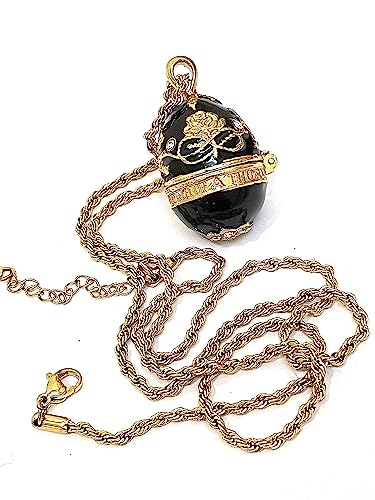 Pierre Lorren Faberge Egg Pendant style Necklace 24k Gold Black Faberge Egg Gold Diamond Jewelry Set for women Russian Faberge Egg Necklace Locket & Bracelet 114 Austrian Crystal Diamond HANDMADE